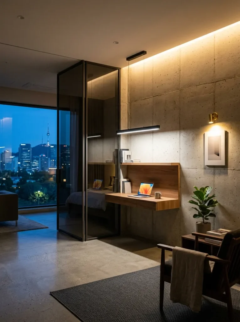 Ambient, task, and accent lighting glowing at different intensities in a Seoul minimalist contemporary apartment.

