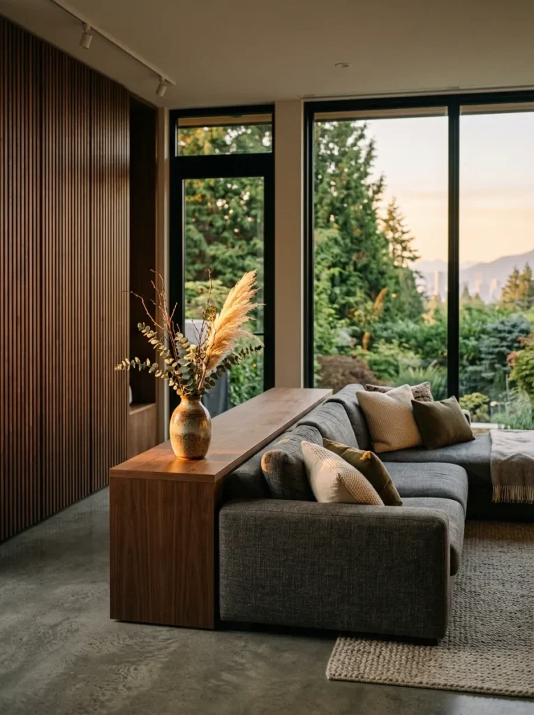Low, wide walnut console table running behind the sofa in a Vancouver contemporary west coast home.

