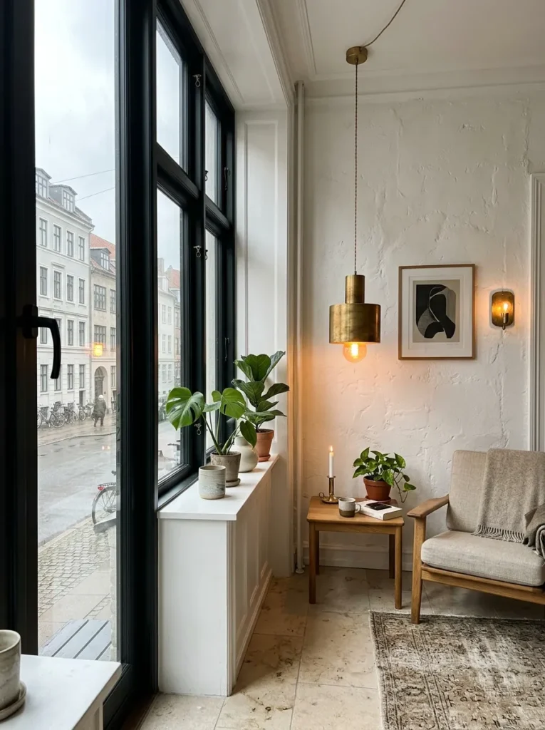 Matte black hardware paired with warm brass lighting fixtures in a Copenhagen contemporary Nordic apartment.

