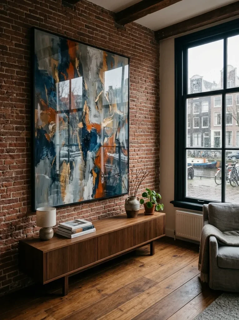 Large-scale abstract painting hung above a low console in an Amsterdam contemporary canal house.

