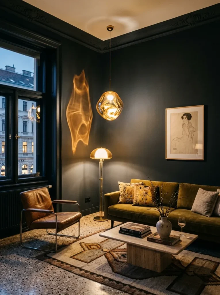 Sculptural blown-glass pendant hung off-center above the seating area in a Vienna contemporary apartment.

