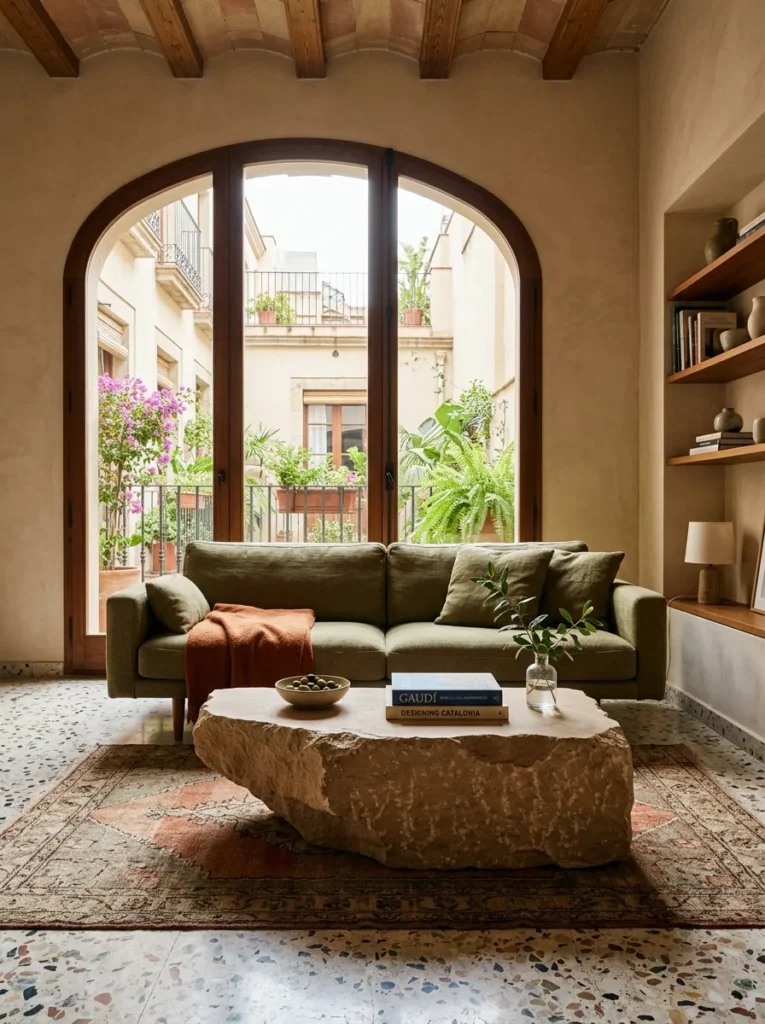 Sculptural single-block stone coffee table centered in a Barcelona modernist apartment living room.

