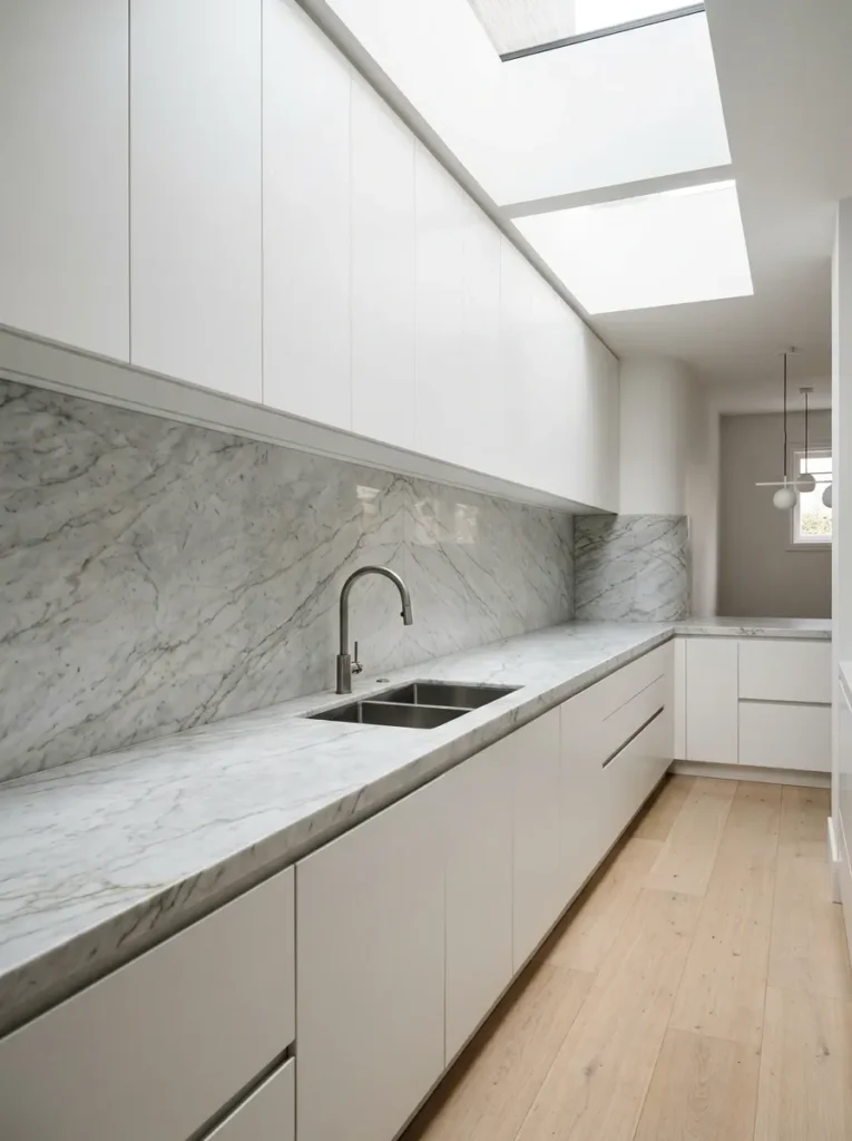 Galley kitchen with a continuous bookmatched marble countertop running unjointed along one wall and wrapping a corner, with a matching marble splashback above
