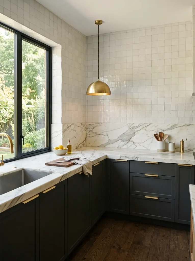 L-shaped kitchen with a continuous white marble countertop running seamlessly across both arms with charcoal cabinets
