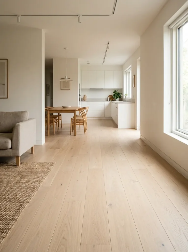 Continuous wide-plank pale oak flooring running through all three zones of an open-plan living, dining, and kitchen space
