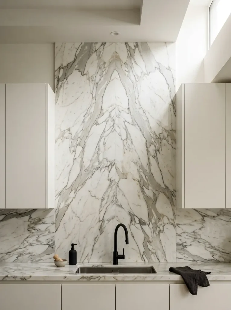 Kitchen with a book-matched stone slab flowing continuously from the countertop surface up the wall behind as a splashback, with veining uninterrupted across the full span
