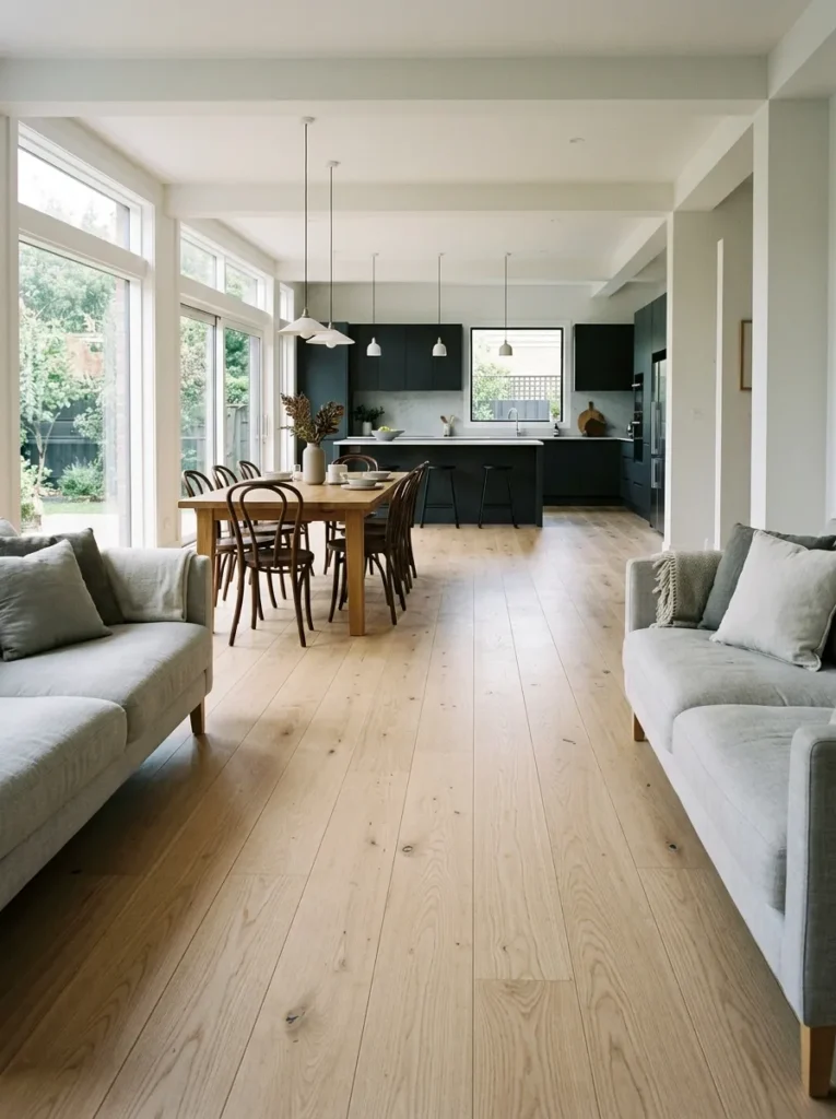 Continuous wide plank ash flooring running through kitchen, dining, and living zones in a long open plan interior