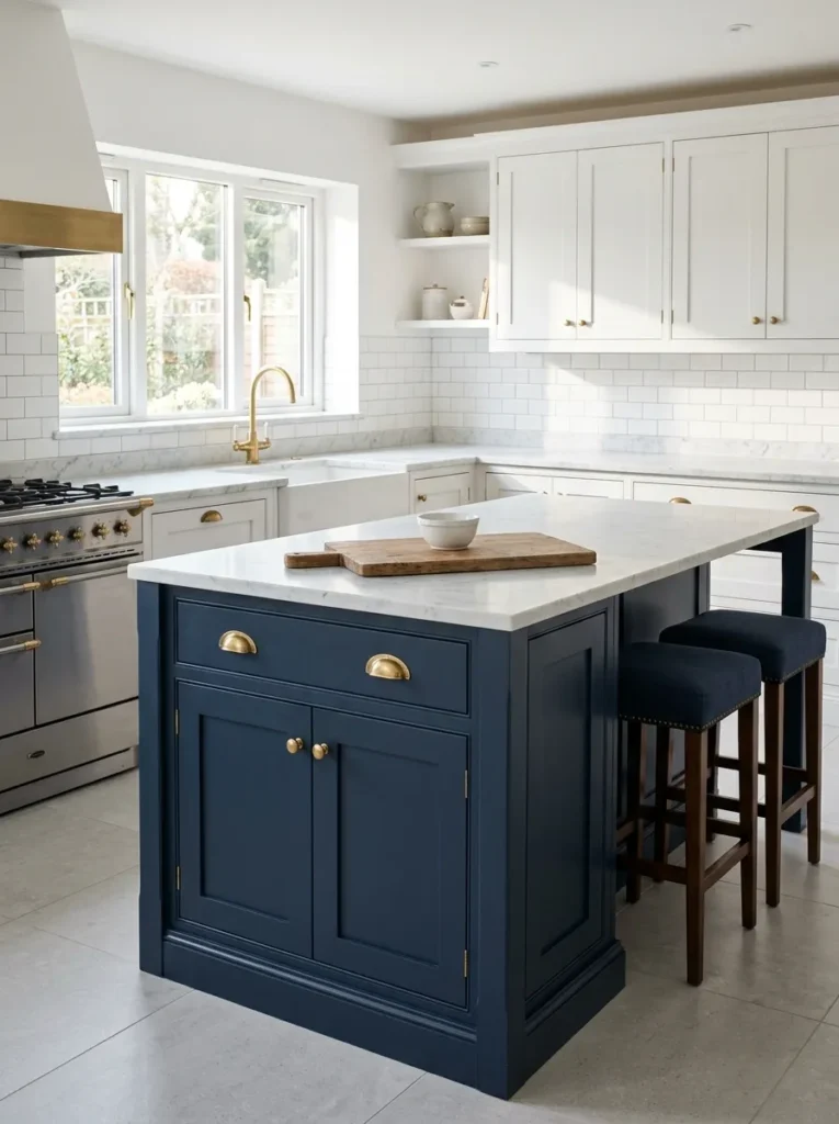 Navy blue island in a white kitchen with brass hardware and matching navy bar stools