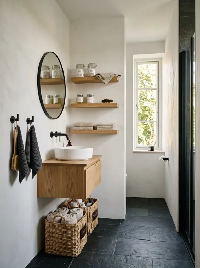Small bathroom with a fully coordinated storage system in matching matte black and natural oak