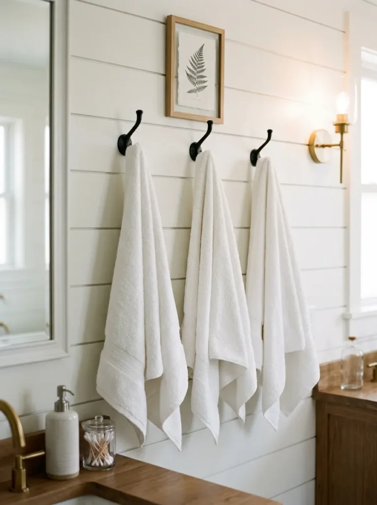 Row of three matte black hooks on white shiplap paneling, each holding a matching white bath towel folded identically, with a small framed print between hooks
