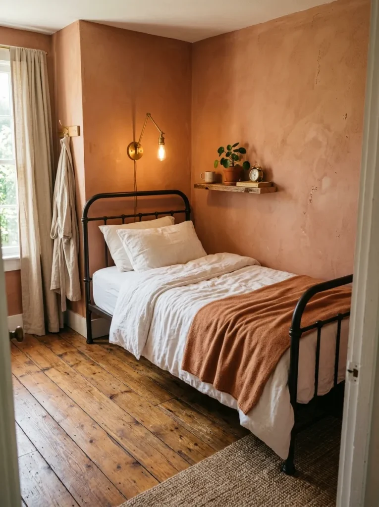 Small apartment bedroom with a single iron bed pushed into the corner, a wall-mounted sconce above, and open floor space on the accessible sides
