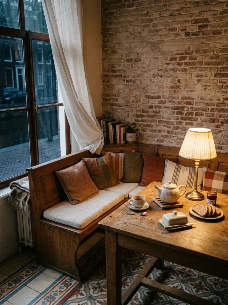 L-shaped corner bench with linen seat cushions and wool throw pillows around a solid oak table in a Dutch canal house breakfast nook.