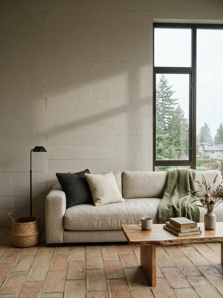 Deliberately bare accent wall behind a low sofa in a rustic modern Vancouver living room.

