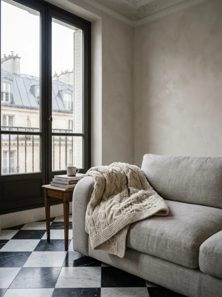 Undyed wool cable-knit throw draped over a linen sofa arm in a Haussmannian Paris apartment.

