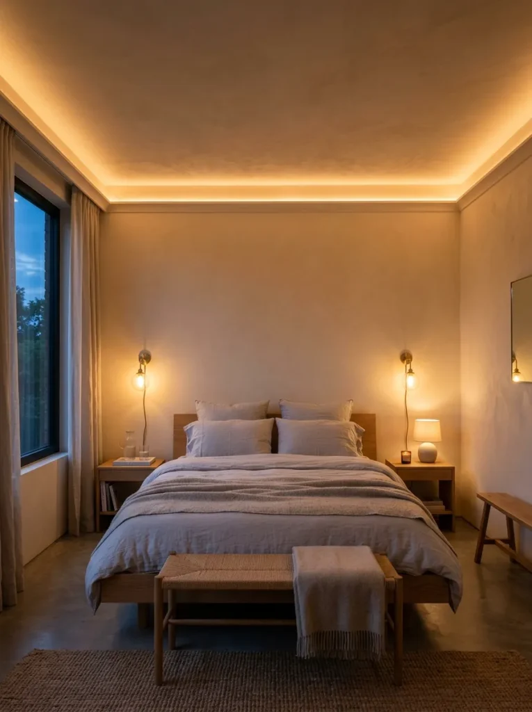 Minimal bedroom lit at dusk with warm cove lighting at the ceiling and wall sconces on either side of the bed, no overhead pendant