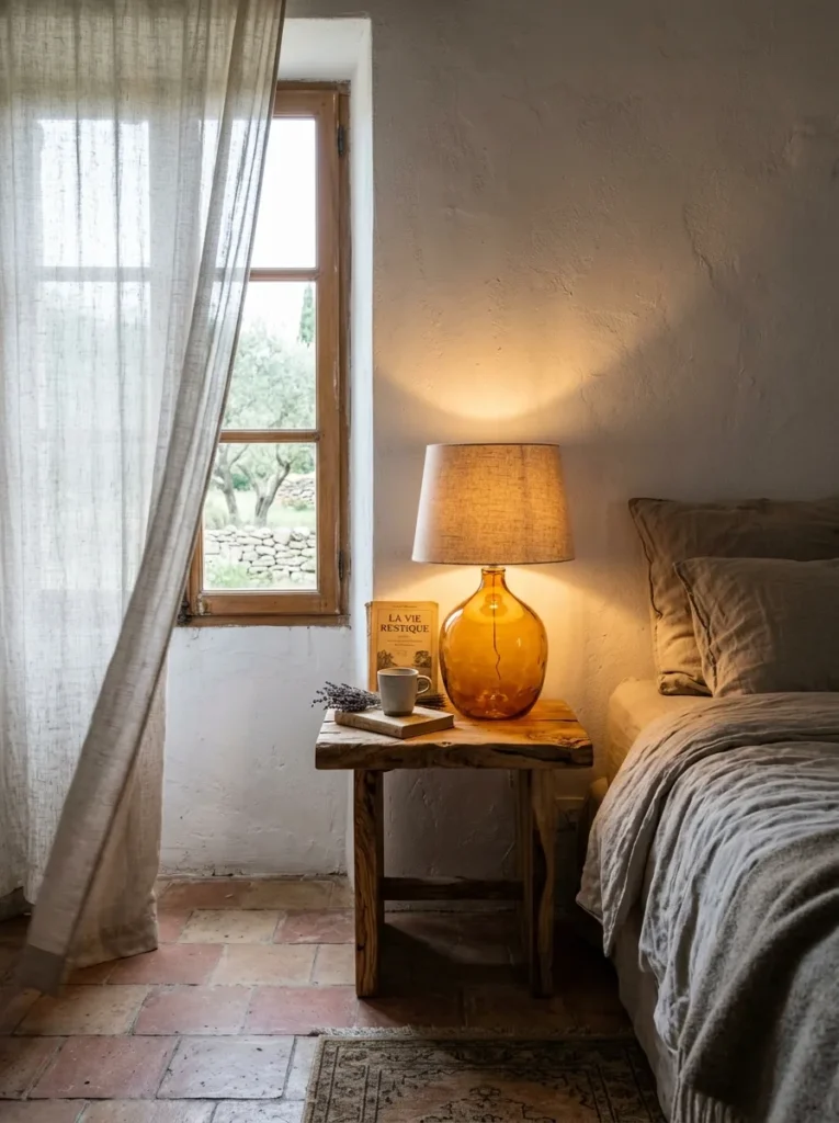 Hand-blown amber glass table lamp contrasted with neutral daylight in a Provençal farmhouse bedroom.