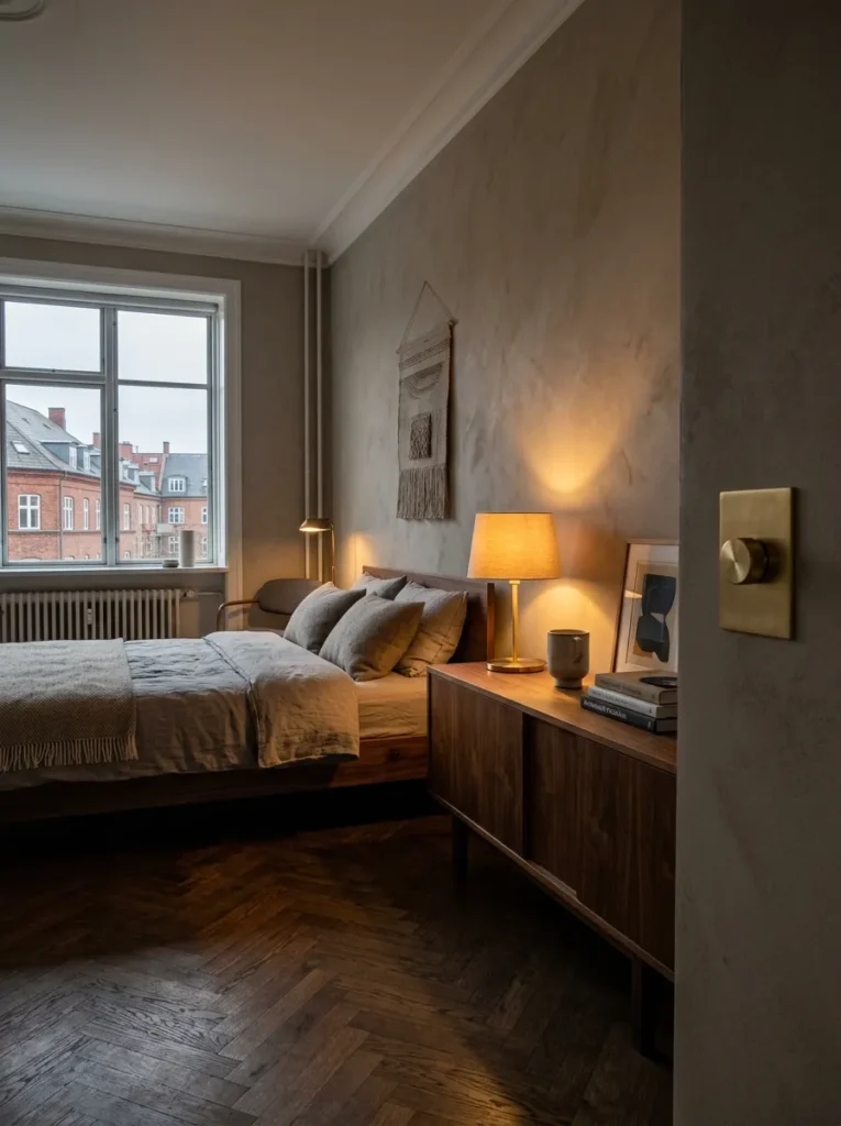 Brushed brass dimmer switch beside a low walnut credenza in a calm mid-century Copenhagen bedroom.