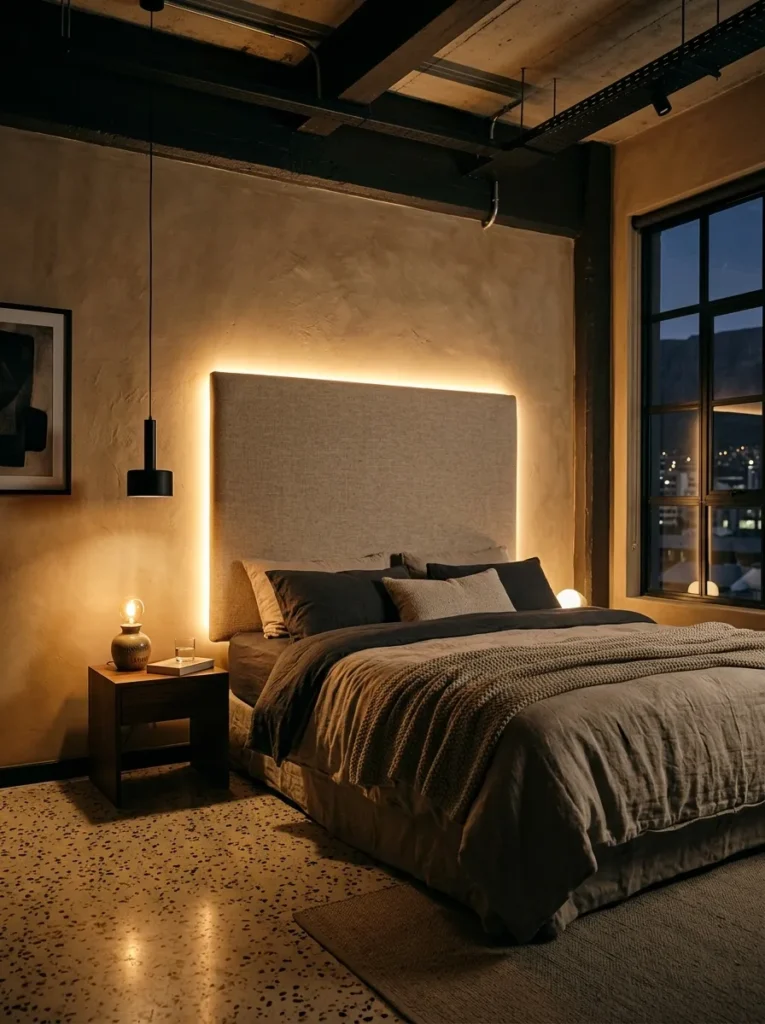 LED strip installed behind a linen headboard panel creating a warm backlit glow in a Cape Town bedroom.