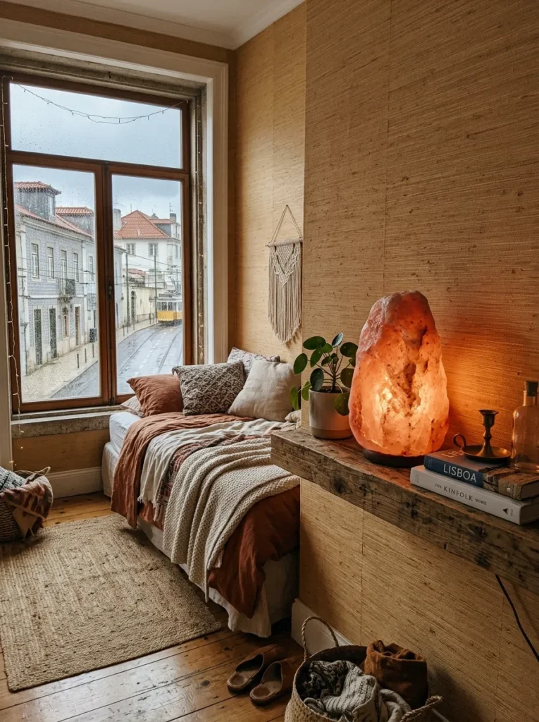 Himalayan salt lamp casting amber-rose glow across honey grasscloth walls in a Lisbon studio bedroom.