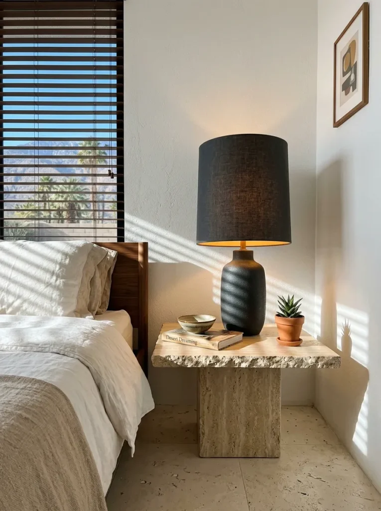Dark charcoal linen drum shade lamp on a travertine nightstand in a mid-century Palm Springs bedroom.