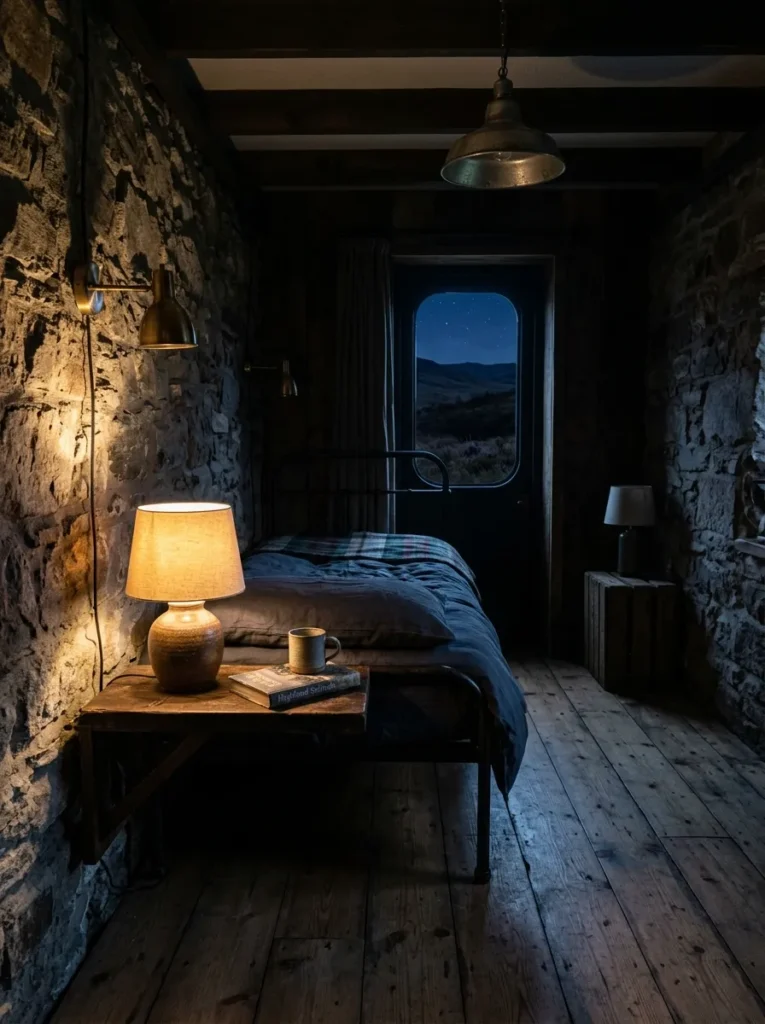 Single ceramic table lamp lit in a room with other visible but deliberately switched-off lamps in Scotland.