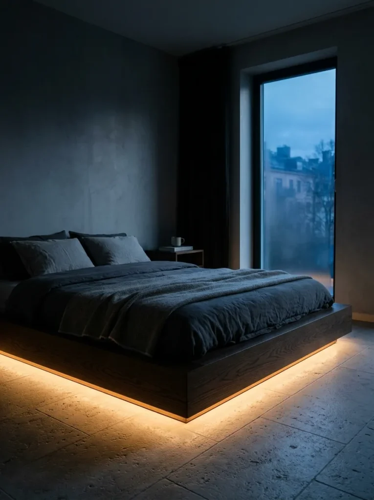 Warm amber LED strip lighting running under a smoked oak platform bed in a Scandinavian bedroom.