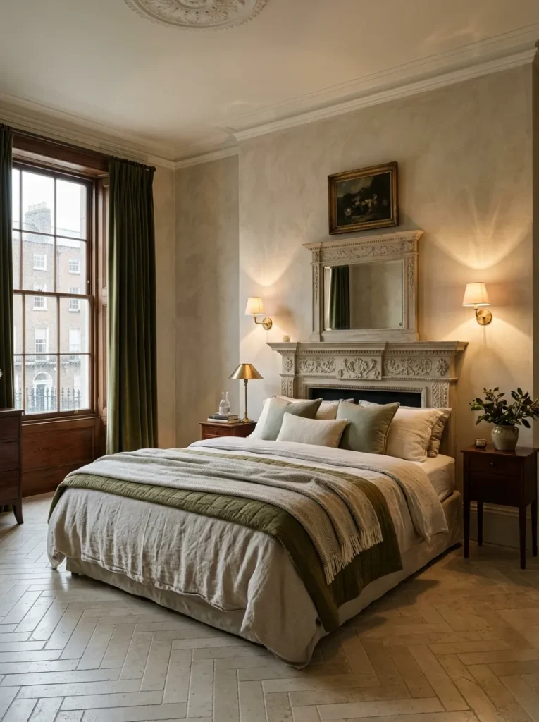 Unlacquered brass wall sconces flanking a carved limestone headboard in a Georgian Dublin bedroom.