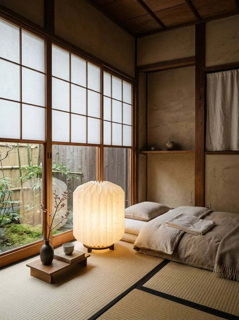 Hand-folded washi paper floor lantern glowing evenly in a traditional Japanese machiya bedroom.