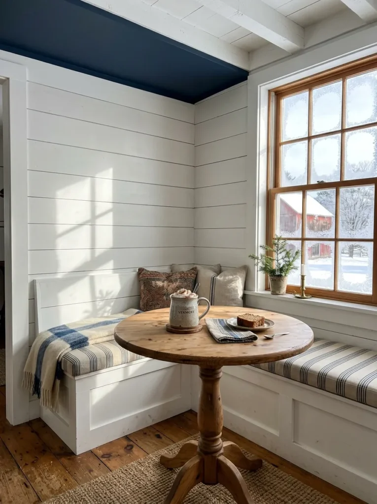 Cozy breakfast nook with horizontal white shiplap accent wall and built-in bench beside a round pine table in a Vermont farmhouse.