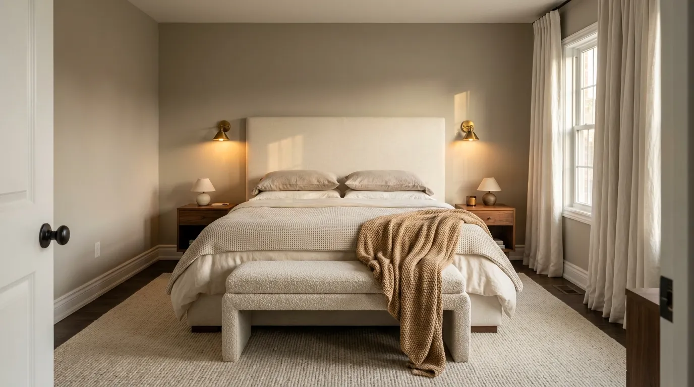 Cozy master bedroom with an ivory linen headboard, layered oatmeal and camel bedding, warm brass sconces, walnut nightstands, and floor-to-ceiling linen curtains in afternoon light