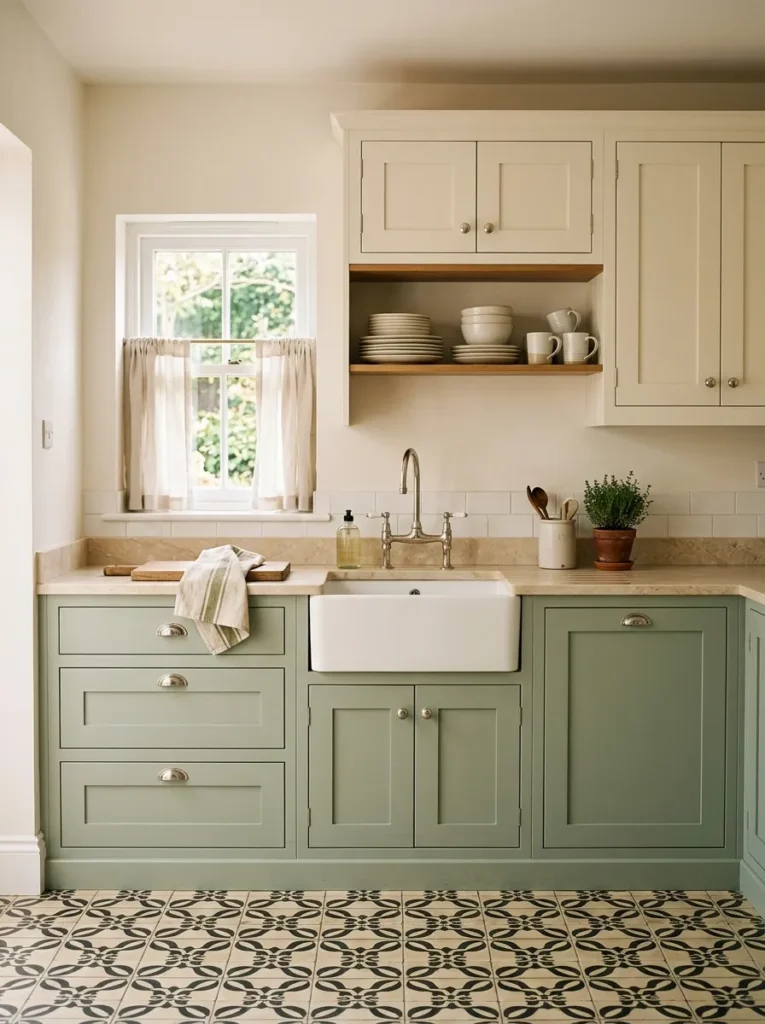 Cream upper and sage green lower panelled cabinets in a traditional kitchen with Victorian floor tiles and polished nickel fixtures
