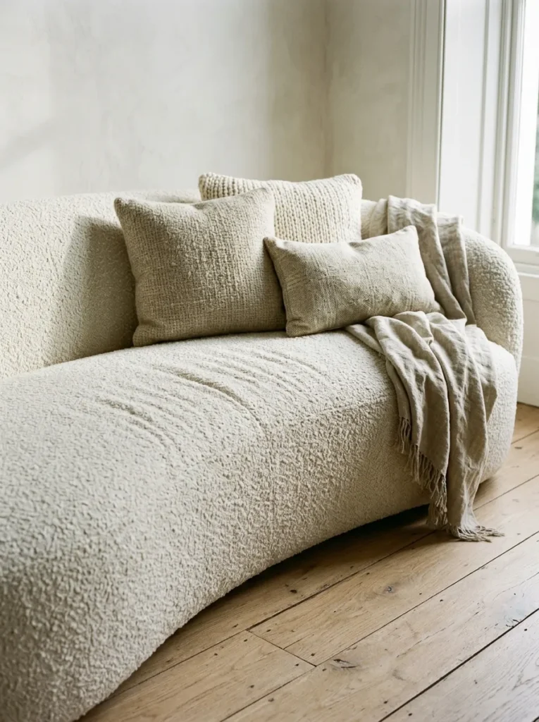 Cream bouclé sofa with looped texture catching natural light, styled with oatmeal and ivory cushions against a warm white wall
