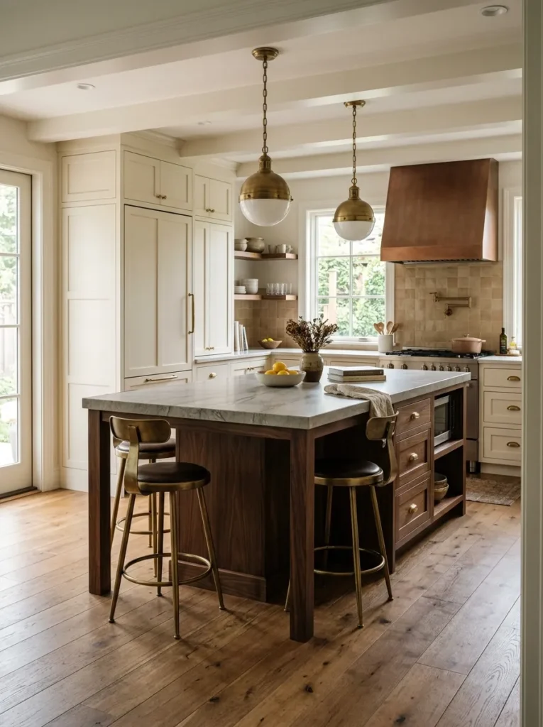 Beige shaker perimeter cabinets with contrasting dark walnut kitchen island and brass pendant lights above