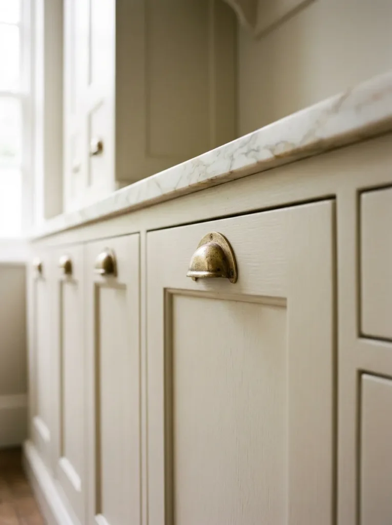 Cream shaker cabinet doors with unlacquered brass cup pulls and warm-veined marble counter in side natural light