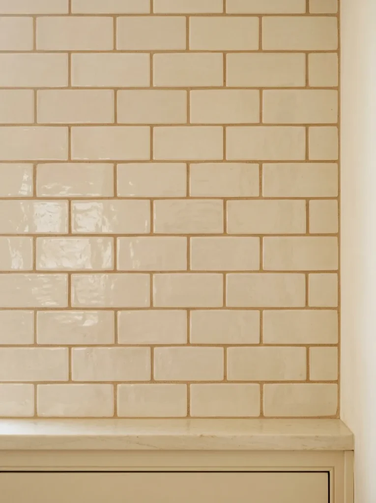 Cream subway tile backsplash in horizontal running bond with warm sand grout and shaker cabinet edge below