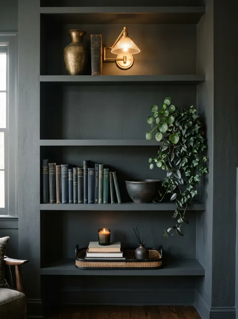 Open shelving painted charcoal to match the wall, styled with books, brass vase, dark ceramic, and a trailing plant at varied densities
