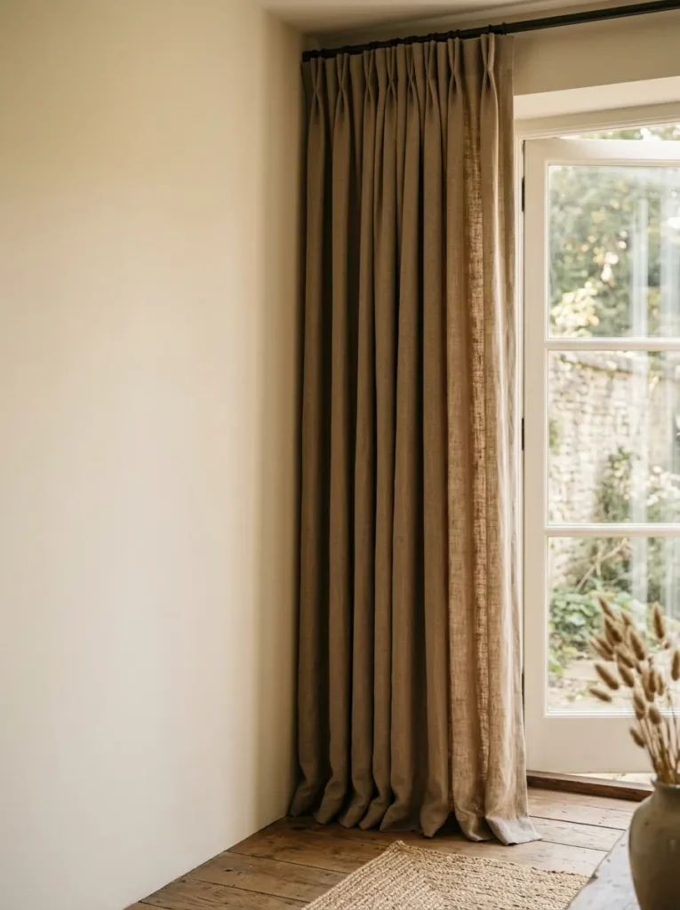 Floor-length taupe curtains hanging against a warm cream bedroom wall, a few shades deeper but clearly related in tone
