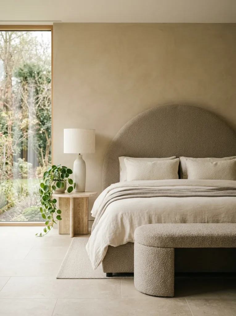 Bedroom with a curved arched headboard and a round bedside table creating a soft organic feel 