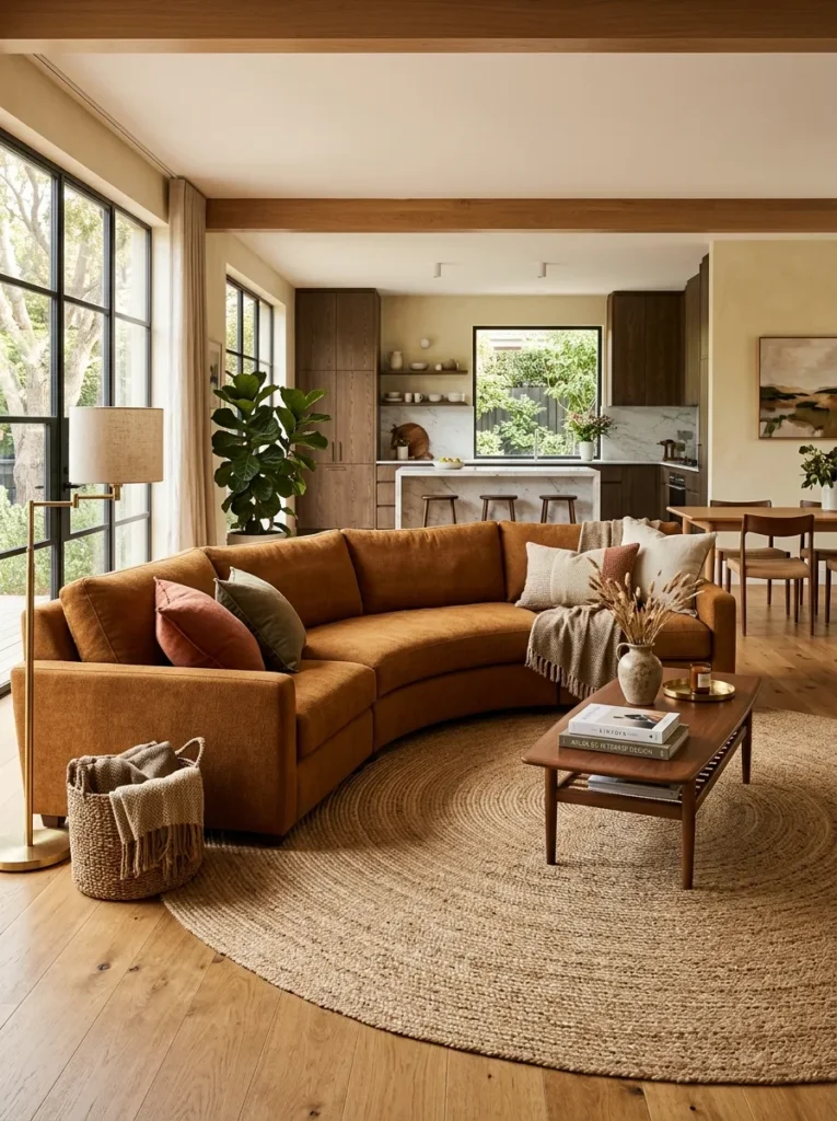 Large curved sectional in rust-ochre upholstery anchoring the living zone of an open-plan room, with a jute rug beneath and the kitchen visible beyond
