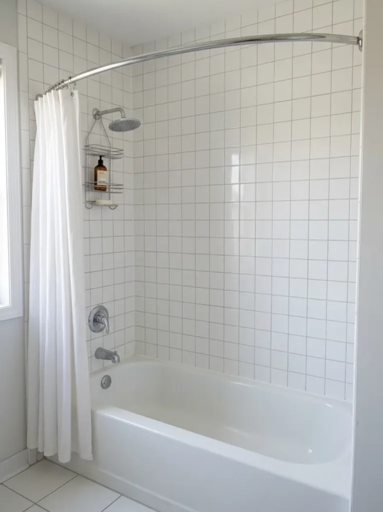 Curved shower curtain rod creating visible outward bow in a bathroom shower-over-bath, allowing more internal shower space than a straight rod