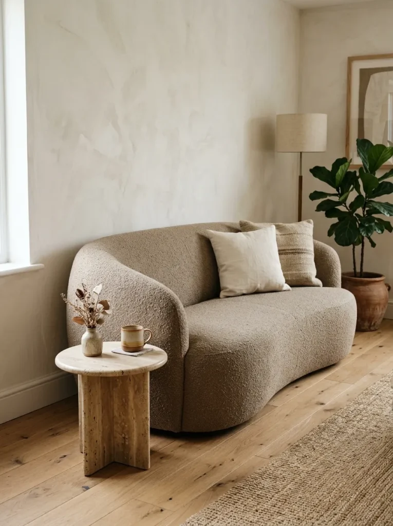 Curved two-seater sofa in warm stone bouclé fabric beside a round travertine side table against a limewash plaster wall on pale oak floor