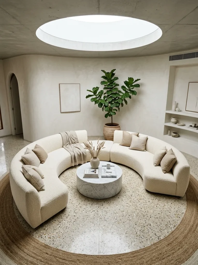  A curved ivory bouclé sofa in a circular arrangement in a round living room