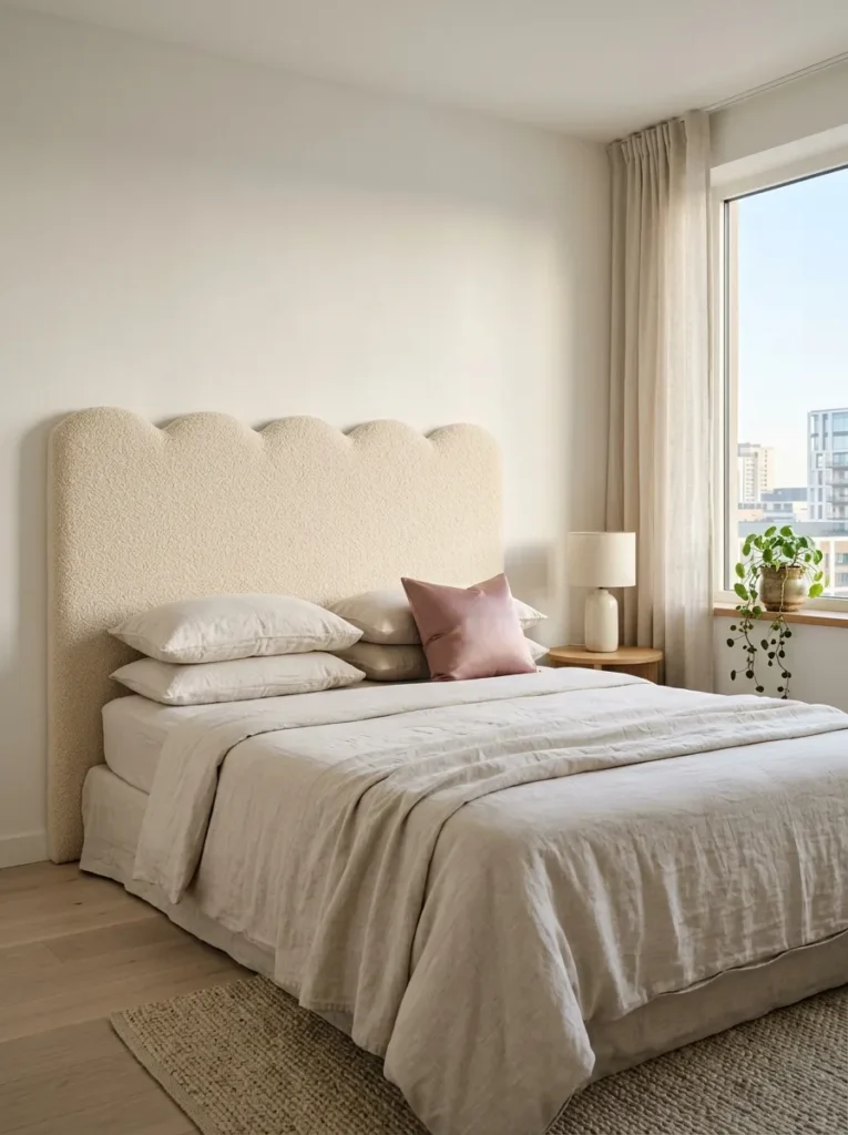 Scalloped-edge boucle upholstered headboard in warm cream as the bedroom's soft focal point
