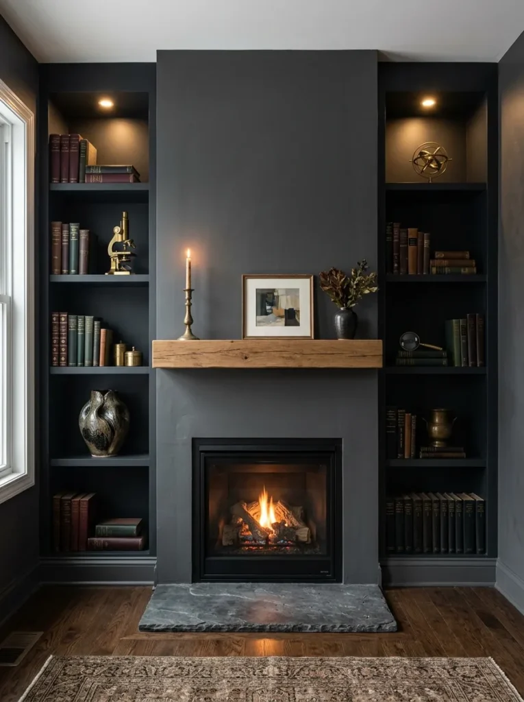 Built-in bookshelves painted near-black flanking a chimney breast, one shade darker than the surrounding charcoal wall, with books and brass objects displayed
