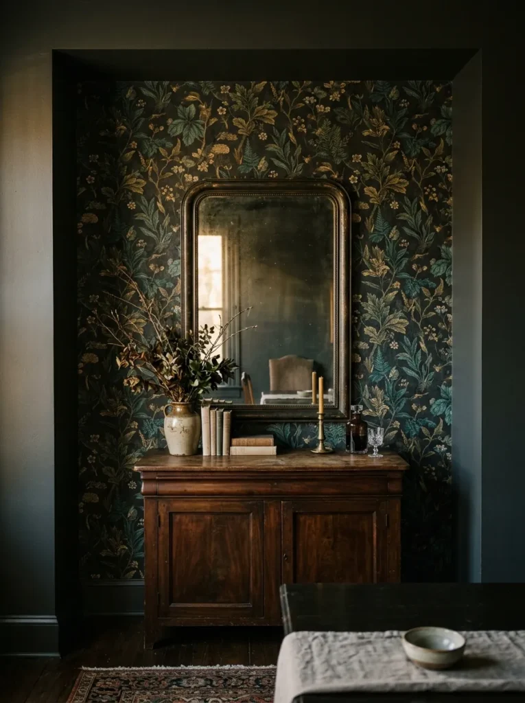 Dark botanical wallpaper covering a dining room alcove behind a sideboard and mirror, with plain painted walls visible at the frame edges
