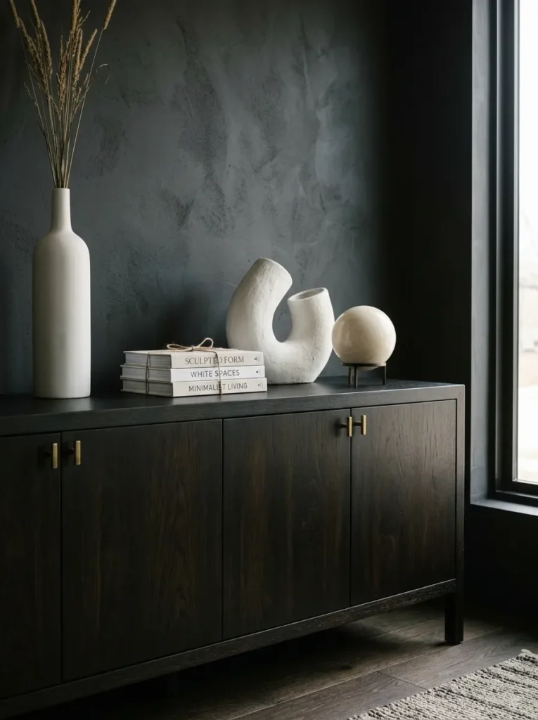 Deep dark walnut buffet cabinet with pale white and cream objects — a tall vase, marble sphere, and ceramic sculpture — creating high visual contrast against the dark surface
