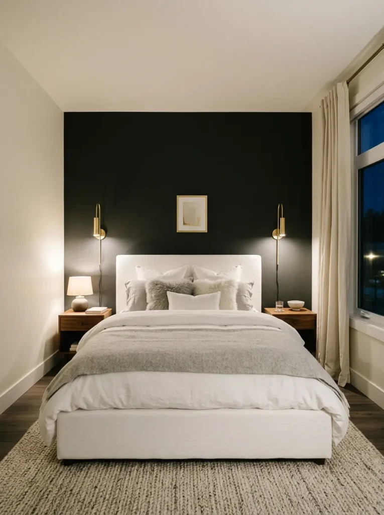 Deep charcoal matte accent wall behind a white upholstered bed with gold wall sconces, contrasting against white walls and ceiling
