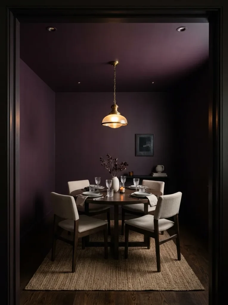Dining room with deep plum paint covering walls and ceiling continuously, a dimmed pendant over a round table, enclosed atmospheric room
