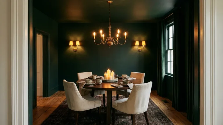 Dark forest green dining room with aged brass chandelier, round walnut table, cream velvet chairs, and candlelight at evening