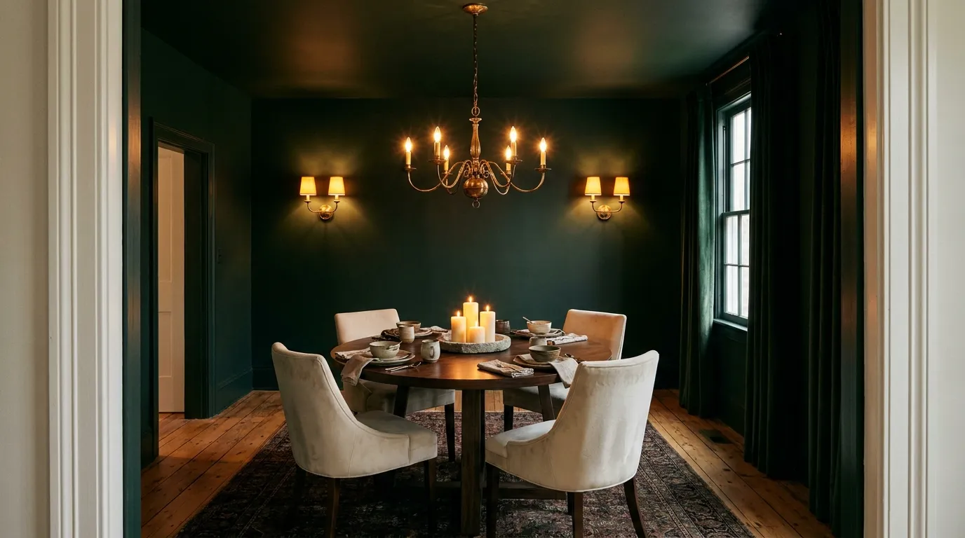 Dark forest green dining room with aged brass chandelier, round walnut table, cream velvet chairs, and candlelight at evening